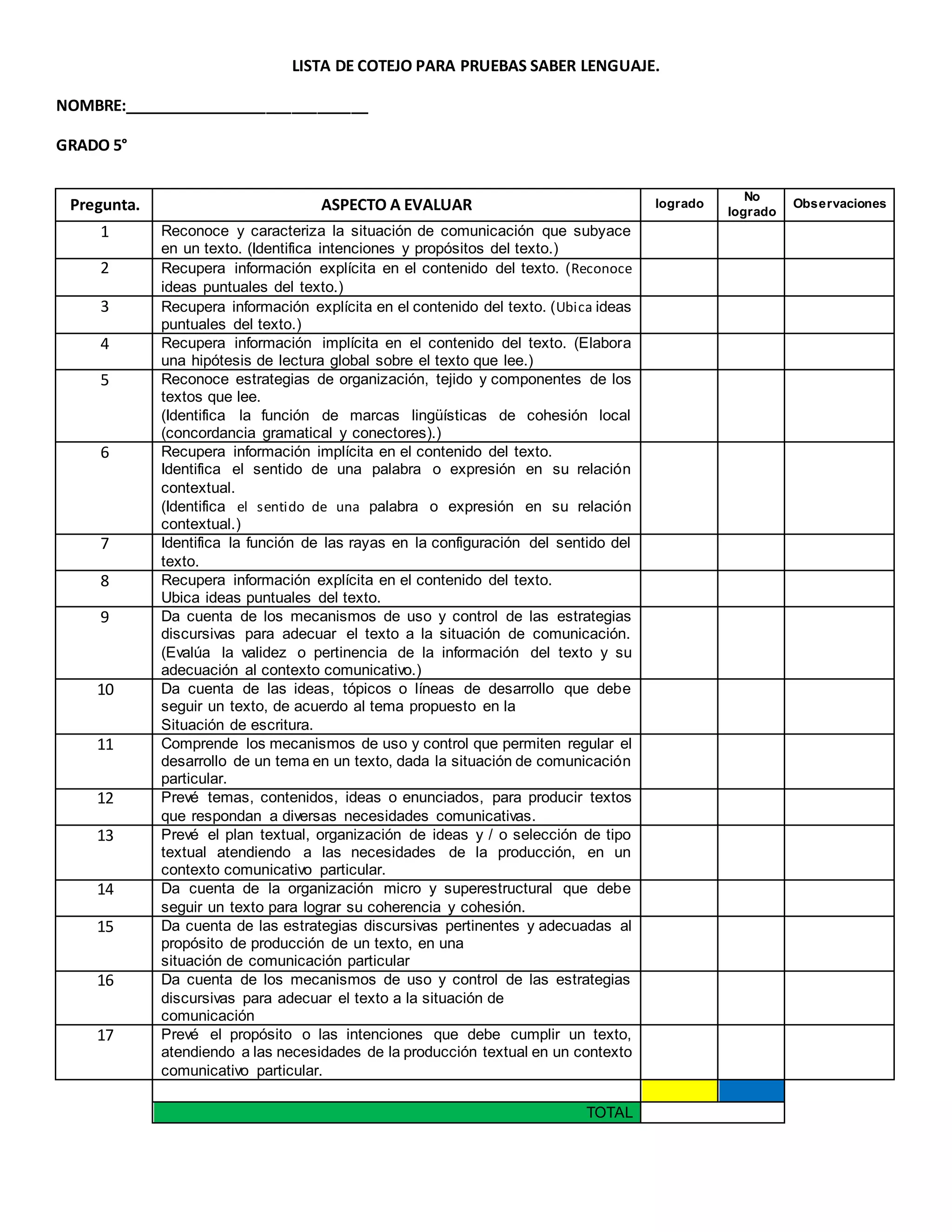 Lista de cotejo lenguaje | DOCX