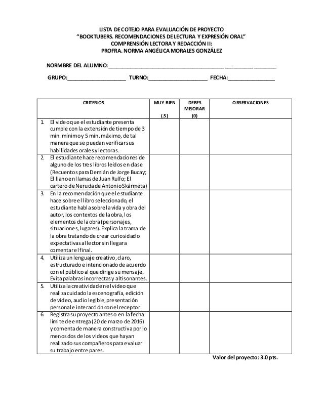 Lista De Cotejo Para Evaluación De Proyecto 