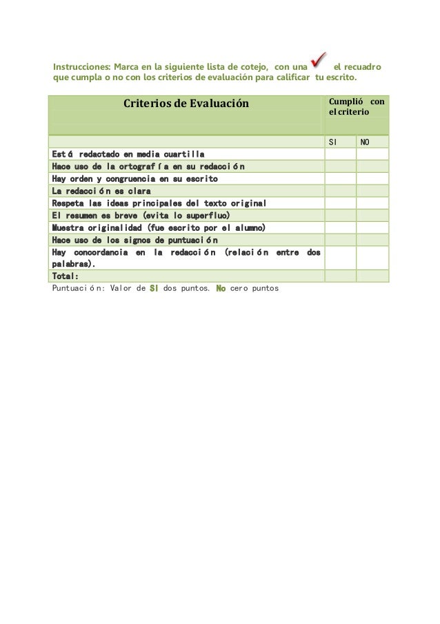 Lista de cotejo para evaluar escritos