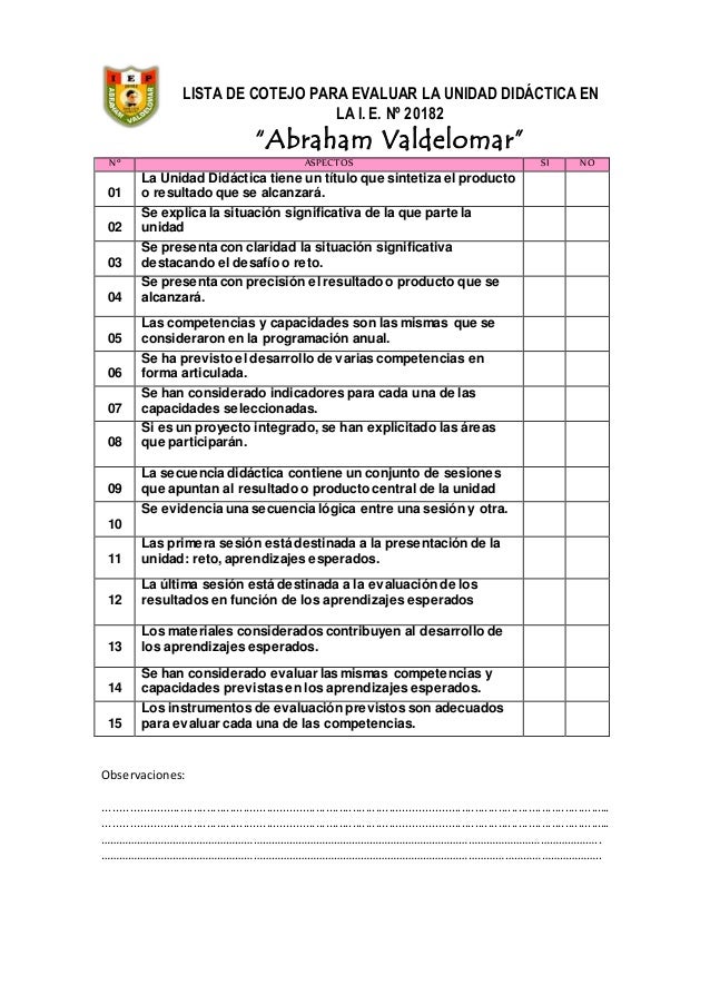 lista de preguntas de si o no lista de cotejo para evaluar la unidad did 225 ctica lista de preguntas de si o no lista de cotejo para evaluar la unidad did 225 ctica