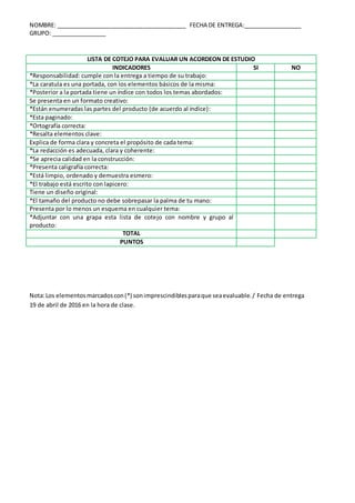 NOMBRE: ________________________________________ FECHA DE ENTREGA:__________________
GRUPO: _________________
Nota:Los elementosmarcadoscon(*) sonimprescindiblesparaque seaevaluable./ Fecha de entrega
19 de abril de 2016 en la hora de clase.
LISTA DE COTEJO PARA EVALUAR UN ACORDEON DE ESTUDIO
INDICADORES SI NO
*Responsabilidad: cumple con la entrega a tiempo de su trabajo:
*La caratula es una portada, con los elementos básicos de la misma:
*Posterior a la portada tiene un índice con todos los temas abordados:
Se presenta en un formato creativo:
*Están enumeradas las partes del producto (de acuerdo al índice):
*Esta paginado:
*Ortografía correcta:
*Resalta elementos clave:
Explica de forma clara y concreta el propósito de cada tema:
*La redacción es adecuada, clara y coherente:
*Se aprecia calidad en la construcción:
*Presenta caligrafía correcta:
*Está limpio, ordenado y demuestra esmero:
*El trabajo está escrito con lapicero:
Tiene un diseño original:
*El tamaño del producto no debe sobrepasar la palma de tu mano:
Presenta por lo menos un esquema en cualquier tema:
*Adjuntar con una grapa esta lista de cotejo con nombre y grupo al
producto:
TOTAL
PUNTOS
 