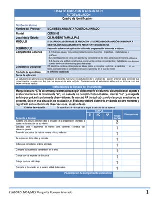 ELABORO: MCA/MES Margarita Romero Alvarado 1
LISTA DE COTEJO de la ACT4 de SEC1
AUTOEVALUACION
Cuadro de identificación
Nombredelalumno
Nombredel Profesor MCA/MESMARGARITAROMEROALVARADO
Plantel CETIS109
Localidad y Estado CD. MADERO TAMAULIPAS
MODULO II-DESARROLLA SOFTWARE DE APLICACIÓN UTILIZANDO PROGRAMACIÓN ORIENTADA A
OBJETOS, CON ALMACENAMIENTO PERSISTENTE DE LOS DATOS
SUBMODULO Desarrolla software de aplicación utilizando programación orientada a objetos
CompetenciaGenérica 4.1 Expresa ideas y conceptos mediante representaciones lingüísticas, matemáticas o
gráficas
8.2 Aporta puntos de vista con apertura y considera los de otras personas de manera reflexiva.
8.3 Asume una actitud constructiva, congruente con los conocimientos y habilidades con los que
cuenta dentro de distintos equipos de trabajo.
Competencia Disciplinar C1 Identifica, ordena e interpreta las ideas, datos y conceptos explícitos e implícitos en un
texto, considerando el contexto en el que se generó y en el que se recibe
Producto de aprendizaje El informe elaborado
Fecha de aplicación
La estudiante en plenaria coordinada por el docente, hará una recapitulación de lo visto en la sesión anterior para conectar sus
conocimientos previos con los que se esperan de este módulo. Posteriormente el estudiante elaborará un informe con sus
expectativa del módulo
Instrucciones de llenado del Instrumento:
Marquecon una“X”lacolumnaquecorrespondasegún el desempeño delalumno, si cumplecon el aspecto a
evaluar marcara en la columna de “si”, en caso de no cumplir con lo señalado, marcar “no” y enseguida
señaleporqué,en lacolumnadeobservaciones.SemarcaráNA(no aplica)cuandoel aspecto aevaluar no se
presente. Solo en esa situación de evaluación, el Evaluador deberá obtener la evidencia en otro momento y
registrarlo en la columna de observaciones, si así lo desea.
Criterios de evaluación Se especificará el valor que se le asigna a cada uno de los aspectos
Aspecto a Evaluar
CUMPLE
PONDE
RACION
ObservacionesSI NO NA
Sustenta una postura personal sobre el encuadre de la programación orientada a
objetos en la redacción de su informe 2
Estructura ideas y argumentos de manera clara, coherente y sintética con
relevancia general. 1
Transmite sus puntos de vista de manera crítica y reflexiva
1
Se expresa en forma clara y concreta.
1
Enfoca sus comentarios al tema abordado.
1
Comparte su experiencia centrándose en el tema.
1
Cumple con los requisitos de la rubrica
1
Entrega oportuna del trabajo.
1
Comparte el documento en el espacio virtual de la materia
1
Ponderacióndecumplimiento del alumno
 