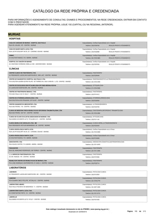 CATÁLOGO DA REDE PRÓPRIA E CREDENCIADA 
PARA INFORMAÇÕES E AGENDAMENTO DE CONSULTAS, EXAMES E PROCEDIMENTOS, NA REDE CREDENCIADA, ENTRAR EM CONTATO 
COM O PRESTADOR. 
PARA AGENDAR ATENDIMENTO NA REDE PRÓPRIA, LIGUE 155 (CAPITAL) OU NA REGIONAL (INTERIOR). 
MURIAE 
HOSPITAIS 
CASA DE CARIDADE DE MURIAE - HOSPITAL SAO PAULO 
RUA CEL IZALINO, 187 - CENTRO - MURIAE 
Especialidade(s): Verificar Especialidade com o Hospital 
Telefone: (32)37293700 REALIZA PRONTO ATENDIMENTO 
CASA DE SAUDE SANTA LUCIA LTDA 
Especialidade(s): Verificar Especialidade com o Hospital 
RUA LACYR GOULART SILVA, 02 - CORONEL IZALINO - MURIAE Telefone: (32)37222988 
REALIZA PRONTO ATENDIMENTO 
CEMAC 
AV DOUTOR PASSOS, 719 - BARRA - MURIAE 
Especialidade(s): Verificar Especialidade com o Hospital 
Telefone: (32) 3729-3800 REALIZA PRONTO ATENDIMENTO 
HOSPITAL DO CANCER DE MURIAE 
Especialidade(s): Verificar Especialidade com o Hospital 
AV CRISTIANO FERREIRA VARELLA, 555 - UNIVERSITARIO - MURIAE Telefone: (32)37297000 
REALIZA PRONTO ATENDIMENTO 
CLÍNICAS 
CENTRO CLINICO DE FISIOTERAPIA LTDA 
AV PRESIDENTE JUSCELINO KUBITSCHECK, 1055 LJ/07 - CENTRO - MURIAE 
Especialidade(s): FISIOTERAPIA 
Telefone: (32)37225548 
CENTRO DE DIAGNOSTICO HOSPITAL SAO PAULO LTDA 
PCA DOUTOR GILMAR DUTRA FELIPE, 187 TERREO ED. DAS CLINICAS - LJ 02 - CENTRO - MURIAE 
Especialidade(s): RADIODIAGNOSTICO,ULTRASSONOGRAFIA 
Telefone: (32) 3722-2939 
CENTRO DE EXCELENCIA EM OFTALMOLOGIA DR FABIO MEDINA ROCHA 
AV JUSCELINO KUBITSCHEK, 445 - CENTRO - MURIAE 
Especialidade(s): OFTALMOLOGIA 
Telefone: (31) 3722-5559 
CENTRO DE FISIOTERAPIA MANUAL LTDA 
PCA SAO PAULO, 80 101 SALA 1 - CENTRO - MURIAE 
Especialidade(s): FISIOTERAPIA 
Telefone: (32)37214412 
CENTRO DE OTORRINOLARINGOLOGIA LTDA 
RUA DOUTOR ALVES PEQUENO, 237 SL/201 - CENTRO - MURIAE 
Especialidade(s): OTORRINOLARINGOLOGIA 
Telefone: (32)37222529 
CENTRO DIAGNOSTICO MEDCENTER LTDA 
RUA SAO PEDRO, 118 - CENTRO - MURIAE 
Especialidade(s): ULTRASSONOGRAFIA 
Telefone: (32)37223705 
CLINICA DE MEDICINA FISICA REABILITACAO ORTOPEDIA TRAUMATOLOGIA LTDA 
RUA SAO PEDRO, 192 T/01 - CENTRO - MURIAE 
Especialidade(s): FISIOTERAPIA,ORTOPEDIA E TRAUMATOLOGIA 
Telefone: (32) 3722-4800 
CLINICA DE OLHOS OCULISTAS ASSOCIADOS DE MURIAE LTDA 
RUA BARAO DO MONTE ALTO, 70 SL/409 A 411 - CENTRO - MURIAE 
Especialidade(s): OFTALMOLOGIA 
Telefone: (32)37211142 
CLINICA MURILO DE CARVALHO LTDA - ME 
RUA PRESIDENTE ARTHUR BERNARDES, 58 - CENTRO - MURIAE 
Especialidade(s): CLINICA GERAL,ULTRASSONOGRAFIA 
Telefone: (32)37223430 
CLINICA RADIOLOGICA SANTA LUCIA 
RUA LACYR GOULART SILVA, 02 - CORONEL IZALINO - MURIAE 
Especialidade(s): Verificar Especialidade com a Clínica 
Telefone: (32) 3722-4856 
CLINICA RADIOLOGICA SANTA LUCIA 
AV DOUTOR PASSOS, 719 - BARRA - MURIAE 
Especialidade(s): Verificar Especialidade com a Clínica 
Telefone: (32)37218206 
ENDOCENTER LTDA 
RUA SOUZA CASTRO, 73 2 ANDAR - BARRA - MURIAE 
Especialidade(s): ENDOSCOPIA DIGESTIVA,GASTROENTEROLOGIA 
Telefone: (32) 3721-4679 
FISIOCENTER 
RUA CEL MARCIANO RODRIGUES, 350 TERREO - CENTRO - MURIAE 
Especialidade(s): FISIOTERAPIA 
Telefone: (32) 3721-2946 
L L A SERVICOS FISIOTERAPICOS LTDA 
AV DR. PASSOS, 179 - CENTRO - MURIAE 
Especialidade(s): FISIOTERAPIA 
Telefone: (32)37215492 
REABILITAR CENTRO DE REABILITACAO DE MURIAE LTDA 
PCA JOSE HENRIQUE HASTENREITER, 01 CASA A - CENTRO - MURIAE 
Especialidade(s): FISIOTERAPIA 
Telefone: (32)37222714 
LABORATÓRIOS 
LABOMARC 
AV PRESIDENTE JUSCELINO KUBITSCHEK, 591 - CENTRO - MURIAE 
Especialidade(s): PATOLOGIA CLINICA 
Telefone: (32)37212630 
LABOPAR 
PCA GILMAR E MELO FELLIPE, 187 SALA 01 - CENTRO - MURIAE 
Especialidade(s): PATOLOGIA CLINICA 
Telefone: (32) 3728-2776 
LABORATORIO AMARO 
RUA PAULO PACHECO DE MEDEIROS, 11 - CENTRO - MURIAE 
Especialidade(s): PATOLOGIA CLINICA 
Telefone: (32) 3257-3200 
LABORATORIO SANTA LUCIA LTDA 
AV CONSTANTINO PINTO, 131 - CENTRO - MURIAE 
Especialidade(s): PATOLOGIA CLINICA 
Telefone: (32) 3721-5715 
LABORCLIN 
RUA BARAO DO MONTE ALTO, 70 SL/7 - CENTRO - MURIAE 
Especialidade(s): PATOLOGIA CLINICA 
Telefone: (32)37221050 
Este catálogo é atualizado diariamente no site do IPSEMG ( www.ipsemg.mg.gov.br ) 
Atualizado em 22/09/2014 Página: 155 de 213 
 