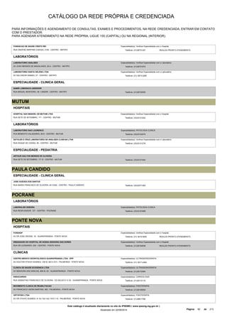 CATÁLOGO DA REDE PRÓPRIA E CREDENCIADA 
PARA INFORMAÇÕES E AGENDAMENTO DE CONSULTAS, EXAMES E PROCEDIMENTOS, NA REDE CREDENCIADA, ENTRAR EM CONTATO 
COM O PRESTADOR. 
PARA AGENDAR ATENDIMENTO NA REDE PRÓPRIA, LIGUE 155 (CAPITAL) OU NA REGIONAL (INTERIOR). 
FUNDACAO DE SAUDE CRISTO REI 
Especialidade(s): Verificar Especialidade com o Hospital 
RUA ONOFRE MARTINS CHAVES, 2100 - CENTRO - MATIPO Telefone: (31)38731347 
REALIZA PRONTO ATENDIMENTO 
LABORATÓRIOS 
LABORATORIO ANALISES 
AV JOAO MENDES DE MAGALHAES, 29 A - CENTRO - MATIPO 
Especialidade(s): Verificar Especialidade com o Laboratório 
Telefone: (31)38731972 
LABORATORIO SANTA HELENA LTDA 
AV SALVADOR SABINO, 27 - CENTRO - MATIPO 
Especialidade(s): Verificar Especialidade com o Laboratório 
Telefone: (31) 3873-2290 
ESPECIALIDADE - CLINICA GERAL 
SAMIR LOMONACO ABDENOR 
RUA MIGUEL MONTEIRO, 36 1 ANDAR - CENTRO - MATIPO Telefone: (31)38732050 
MUTUM 
HOSPITAIS 
HOSPITAL SAO MANOEL DE MUTUM LTDA 
RUA SETE DE SETEMBRO, 171 - CENTRO - MUTUM 
Especialidade(s): Verificar Especialidade com o Hospital 
Telefone: (33)33121542 
LABORATÓRIOS 
LABORATORIO SAO LOURENCO 
PCA BENEDITO VALADARES, 26 B - CENTRO - MUTUM 
Especialidade(s): PATOLOGIA CLINICA 
Telefone: (33)33122270 
SATHLER E CRUZ LABORATORIO DE ANALISES CLINICAS LTDA 
RUA DUQUE DE CAXIAS, 48 - CENTRO - MUTUM 
Especialidade(s): Verificar Especialidade com o Laboratório 
Telefone: (33)33121278 
ESPECIALIDADE - PEDIATRIA 
ARTHUR HAILTON MENDES DE OLIVEIRA 
RUA SETE DE SETEMBRO, 171 B - CENTRO - MUTUM Telefone: (33)33121542 
PAULA CANDIDO 
ESPECIALIDADE - CLINICA GERAL 
JOSE GUEDES DOS SANTOS 
RUA MARIA FRANCISCO DE OLIVEIRA, 40 CASA - CENTRO - PAULA CANDIDO Telefone: (32)35371265 
POCRANE 
LABORATÓRIOS 
LABORALISE DEBORA 
RUA RESPLENDOR, 127 - CENTRO - POCRANE 
Especialidade(s): PATOLOGIA CLINICA 
Telefone: (33)33161689 
PONTE NOVA 
HOSPITAIS 
FUNDAGF 
Especialidade(s): Verificar Especialidade com o Hospital 
AV DR JOSE GROSSI, 16 - GUARAPIRANGA - PONTE NOVA Telefone: (31) 3819-5000 
REALIZA PRONTO ATENDIMENTO 
IRMANDADE DO HOSPITAL DE NOSSA SENHORA DAS DORES 
RUA DR LEONARDO, 200 - CENTRO - PONTE NOVA 
Especialidade(s): Verificar Especialidade com o Hospital 
Telefone: (31)38192638 REALIZA PRONTO ATENDIMENTO 
CLÍNICAS 
CENTRO MEDICO ODONTOLOGICO GUARAPIRANGA LTDA - EPP 
AV DOUTOR OTAVIO SOARES, 108 SL 803 A 813 - PALMEIRAS - PONTE NOVA 
Especialidade(s): ULTRASSONOGRAFIA 
Telefone: (31) 3817-4384 
CLINICA DE SAUDE ECOGENICA LTDA 
AV SENHORA DAS GRACAS, 269 SL 02 - GUARAPIRANGA - PONTE NOVA 
Especialidade(s): ULTRASSONOGRAFIA 
Telefone: (31)38172084 
ENDOCARDIO 
RUA SEBASTIAO FRANCISCO DE OLIVEIRA, 123 SALAS 01 E 02 - GUARAPIRANGA - PONTE NOVA 
Especialidade(s): CARDIOLOGIA 
Telefone: (31)38172174 
MOVIMENTO CLINICA DE REABILITACAO 
AV FRANCISCO VIEIRA MARTINS, 482 - PALMEIRAS - PONTE NOVA 
Especialidade(s): FISIOTERAPIA 
Telefone: (31)38195900 
ORTOFISIO LTDA 
AV DR OTAVIO SOARES, 41 SL/122-124-118 E 110 - PALMEIRAS - PONTE NOVA 
Especialidade(s): FISIOTERAPIA 
Telefone: (31)38817766 
Este catálogo é atualizado diariamente no site do IPSEMG ( www.ipsemg.mg.gov.br ) 
Atualizado em 22/09/2014 Página: 82 de 213 
 