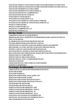 GESTÃO DE CRISES E CONFLITOS EM ORGANIZAÇÕES PÚBLICAS E PRIVADAS
GESTÃO DE CRISES E CONFLITOS EM ORGANIZAÇÕES PÚBLICAS E PRIVADAS (A)
GESTÃO DE EMERGÊNCIAS E DESASTRES
GESTÃO DE EMERGÊNCIAS E DESASTRES (A)
GESTÃO EM SEGURANÇA CORPORATIVA
GESTÃO EM SEGURANÇA PÚBLICA
INTELIGÊNCIA ESTRATÉGICA
INTELIGÊNCIA ESTRATÉGICA (A)
INVESTIGAÇÃO CRIMINAL E PSICOLOGIA FORENSE
INVESTIGAÇÃO CRIMINAL E PSICOLOGIA FORENSE (A)
POLÍCIA COMUNITÁRIA
POLÍCIA COMUNITÁRIA (A)
SEGURANÇA CORPORATIVA (A)
SEGURANÇA PÚBLICA (A)
Serviço Social
ASSISTÊNCIA SOCIAL E SAÚDE PÚBLICA
DIREITOS SOCIAIS E COMPETÊNCIAS PROFISSIONAIS DO ASSISTENTESOCIAL
EDUCAÇÃO SOCIAL
ELABORAÇÃO E GESTÃO DE PROJETOS SOCIAIS
ESTADO, DIREITOS SOCIAIS E POLÍTICA SOCIAL
GESTÃO SOCIAL: POLÍTICAS SOCIAIS, REDES E DEFESA DE DIREITO
IDENTIDADE,CULTURA,POLÍTICAS SOCIAIS E SERVIÇO SOCIAL
POLÍTICA SOCIAL E GESTÃO DE SERVIÇOS SOCIAIS
QUESTÃO SOCIAL,POLÍTICAS SOCIAIS E SERVIÇO SOCIAL
RELAÇÕES SOCIAIS E PROCESSO DE TRABALHO NO MUNDO CONTEMPORÂNEO
SERVIÇO SOCIAL E PREVIDÊNCIA
SERVIÇO SOCIAL ORGANIZACIONAL
SERVIÇO SOCIAL, ÉTICA E DIREITOS HUMANOS
TERAPIA FAMILIAR
TRABALHO SOCIAL COM FAMÍLIAE COMUNIDADES
VIOLÊNCIA DOMÉSTICA
Tecnologia da Informação
ARQUITETURA E GESTÃO DE INFRAESTRUTURA EM TI
BANCO DE DADOS
BANCO DE DADOS (A)
DESENVOLVIMENTO DE APLICAÇÕES .NET
DESENVOLVIMENTO DE GAMES
DESENVOLVIMENTO DE SISTEMAS COM C#
DESENVOLVIMENTO DE SISTEMAS COM JAVA
ENGENHARIA DE SOFTWARE
ENGENHARIA DE SOFTWARE (A)
GERENCIAMENTO DE PROJETOS - PMI
GERENCIAMENTO DE PROJETOS - PMI(A)
GERENCIAMENTO DE PROJETOS - TI
GERENCIAMENTO DE PROJETOS - TI (A)
GESTÃO DA TECNOLOGIA DA INFORMAÇÃO
GESTÃO DA TECNOLOGIA DA INFORMAÇÃO (A)
MBA EM BUSINESS INTELLIGENCE
 
