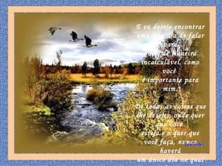 E eu desejo encontrar uma maneira de falar para você, de maneira incalculável, como você  é importante para mim. De todas as coisas que lhe desejei, onde quer que você  esteja e o quer que você faça, nunca haverá um único dia no qual não desejarei  o melhor para você.   