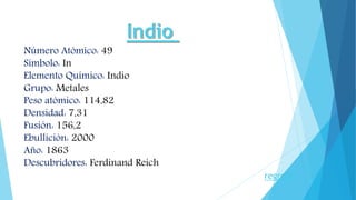 Número Atómico: 49
Símbolo: In
Elemento Químico: Indio
Grupo: Metales
Peso atómico: 114,82
Densidad: 7,31
Fusión: 156,2
Ebullición: 2000
Año: 1863
Descubridores: Ferdinand Reich
regresar
 