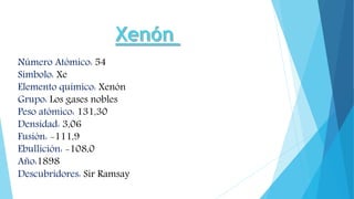 Número Atómico: 54
Símbolo: Xe
Elemento químico: Xenón
Grupo: Los gases nobles
Peso atómico: 131,30
Densidad: 3,06
Fusión: -111,9
Ebullición: -108,0
Año:1898
Descubridores: Sir Ramsay
 