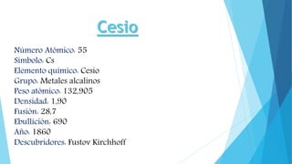 Número Atómico: 55
Símbolo: Cs
Elemento químico: Cesio
Grupo: Metales alcalinos
Peso atómico: 132,905
Densidad: 1,90
Fusión: 28,7
Ebullición: 690
Año: 1860
Descubridores: Fustov Kirchhoff
 