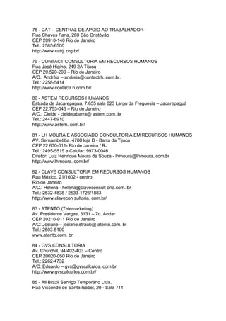 78 - CAT – CENTRAL DE APOIO AO TRABALHADOR
Rua Chaves Faria, 260 São Cristóvão
CEP 20910-140 Rio de Janeiro
Tel.: 2585-6500
http://www.catrj. org.br/

79 - CONTACT CONSULTORIA EM RECURSOS HUMANOS
Rua José Higino, 249 2A Tijuca
CEP 20.520-200 – Rio de Janeiro
A/C.: Andréia – andreia@contactrh. com.br.
Tel.: 2258-5414
http://www.contactr h.com.br/

80 - ASTEM RECURSOS HUMANOS
Estrada de Jacarepaguá, 7.655 sala 623 Largo da Freguesia – Jacarepaguá
CEP 22.753-045 – Rio de Janeiro
A/C.: Cleide - cleidejabarra@ astem.com. br
Tel.: 2447-6910
http://www.astem. com.br/

81 - LH MOURA E ASSOCIADO CONSULTORIA EM RECURSOS HUMANOS
AV. Sernambetiba, 4700 loja D - Barra da Tijuca
CEP 22.630-011- Rio de Janeiro / RJ
Tel.: 2495-5515 e Celular: 9973-0046
Diretor: Luiz Henrique Moura de Souza - lhmoura@lhmoura. com.br
http://www.lhmoura. com.br/

82 - CLAVE CONSULTORIA EM RECURSOS HUMANOS
Rua México, 21/1602 - centro
Rio de Janeiro
A/C.: Helena - helena@claveconsult oria.com. br
Tel.: 2532-4838 / 2533-1726/1883
http://www.clavecon sultoria. com.br/

83 - ATENTO (Telemarketing)
Av. Presidente Vargas, 3131 – 7o. Andar
CEP 20210-911 Rio de Janeiro
A/C: Josiane – josiane.straub@ atento.com. br
Tel.: 2503-5100
www.atento.com. br

84 - GVS CONSULTORIA
Av. Churchill, 94/402-403 – Centro
CEP 20020-050 Rio de Janeiro
Tel.: 2262-4732
A/C: Eduardo – gvs@gvscalculos. com.br
http://www.gvscalcu los.com.br/

85 - All Brazil Serviço Temporário Ltda.
Rua Visconde de Santa Isabel, 20 - Sala 711
 