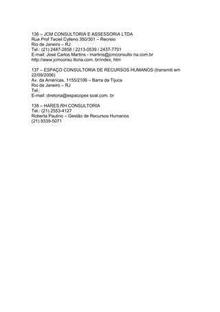 136 – JCM CONSULTORIA E ASSESSORIA LTDA
Rua Prof Taciel Cylleno 350/301 – Recreio
Rio de Janeiro – RJ
Tel.: (21) 2487-2858 / 2213-0539 / 2437-7701
E-mail: José Carlos Martins - martins@jcmconsulto ria.com.br
http://www.jcmconsu ltoria.com. br/index. htm

137 – ESPAÇO CONSULTORIA DE RECURSOS HUMANOS (transmiti em
22/09/2006)
Av. da Américas, 1155/2106 – Barra da Tijuca
Rio de Janeiro – RJ
Tel.:
E-mail: diretoria@espacopes soal.com. br

138 – HARES RH CONSULTORIA
Tel.: (21) 2553-4127
Roberta Paulino – Gestão de Recursos Humanos
(21) 9339-5071
 