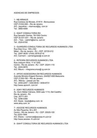 AGENCIAS DE EMPREGOS


1 - NB ARNAUS
Rua Cardoso de Moraes, 61/614 - Bonsucesso
CEP 21032-000 – Rio de Janeiro
A/C: Jaqueline – nbarnaus@ig. com.br
Tel.: 3868-4089

2 - SIAHT CONSULTORIA RH
Rua Senador Dantas, 76/1502 Centro
CEP 20.031-201 – Rio de Janeiro
A/C – Taís – siahtrh@terrra. com.br
Tel.: 2524-8182

3 - GUARDIÃO CONSULTORIA DE RECURSOS HUMANOS LTDA
Rua Dias Cruz, 148 s 302
Méier - Rio de Janeiro - RJ - CEP: 20720-012
Tel.: 2597-3639 / (FAX) 3979-4716
A/C: Carmem – carmengaiao@ oi.com.br

4 - ÍNTEGRA RECURSOS HUMANOS LTDA
Rua Joaquim Silva, 11 sl 1202
Centro - Rio de Janeiro - RJ - CEP: 20241-110
Tel.: 2224-9978
A/C: Mauro – integrarecursos@ ig.com.br

5 - APOIO ASSESSORIA EM RECURSOS HUMANOS
Avenida Ministro Edgard Romero, 244/607-608 Madureira
CEP 21350-180 – Rio de Janeiro
A/C.: Márcia – passar por fax
Tel.: 2450-2257 / 3350-8035 / 3458-8731
http://www.apoiorh. com.br/

6 - ASKY RECURSOS HUMANOS
Av. Dom Hélder Câmara, 5555 sala 1114, Del Castilho
Rio de Janeiro - RJ
Cep. 20771-001
Tel.: 3296-5366
A/C: Keyla - keyla@aksy.com. br
www.aksy.com. br

7 - ASCESE RECURSOS HUMANOS
Av Nilo Peçanha, 50 s 201
Centro - Rio de Janeiro - RJ - CEP: 20020-100
Tel.:2253-1844
A/C: Eliane – comercial@ascese-rh.com.br
http://www.ascese- rh.com.br/

8 - SIAHT CONSULTORIA DE RECURSOS HUMANOS LTDA
 