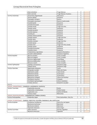 Consejo Nacional de Áreas Protegidas


                                   Sibon dimidiata                                        Traga Babosas                     3
                                   Sibon sanniola                                         Traga Babosas Yucateca            3
Familia Colubridae                 Stenorrhina degenhardtii                               Alacranera                        3
                                   Storeria dekayi                                        Serpiente                         3
                                   Tamnophis cyrtopsis                                    Ranera                            2
                                   Tamnophis marcianus                                    Ranera Cuadriculada               3
                                   Tantilla bairdii                                       Serpiente                         2
                                   Tantilla brevicauda                                    Serpiente                         2
                                   Tantilla canula                                        Traga Cien Pies                   2
                                   Tantilla cuesta                                        Serpiente                         2
                                   Tantilla excubitor                                     Serpiente                         2
                                   Tantilla impensa                                       Serpiente                         2
                                   Tantilla jani                                          Serpiente                         2
                                   Tantilla melanocephala                                 Serpiente                         3
                                   Tantilla moesta                                        Traga Cien Pies                   2
                                   Tantilla rubra                                         Serpiente                         2
                                   Tantilla schistosa                                     Traga Cien Pies                   2
                                   Tantilla tayrae                                        Serpiente                         2
                                   Tantilla tecta                                         Traga Cien Pies Listada           2
                                   Tantilla vulcani                                       Serpiente                         2
                                   Tantillita brevissima                                  Serpiente                         1
                                   Tantillita lintoni                                     Serpiente                         2
                                   Tretanorhinus nigroluteus                              Serpiente Buceadora               3
                                   Xenodon rabdocephalus                                  Serpiente Engañosa                3
Familia Elapidae                   Micrurus browni                                        Coral, Coralillo                  3
                                   Micrurus elegans                                       Coral, Coralillo                  3
                                   Micrurus hippocrespis                                  Coral Maya                        3
                                   Micrurus latifasciatus                                 Cora, Coralillo                   3
                                   Micrurus stuarti                                       Coral, Coralillo                  1
Familia Typhlopidae                Typhlops microstomus                                   Serpiente Ciega                   3
                                   Typlops tenuis                                         Serpiente Ciega                   3
Familia Viperidae                  Agkistrodon bilineatus                                 Cantil                            1
                                   Atropoides numifer                                     Mano de Piedra                    3
                                   Bothriechis aurifer                                    Cantil Verde                      3
                                   Bothriechis bicolor                                    Gushnayera                        3
                                   Bothriechis marchi                                     Gushnayera                        2
                                   Bothriechis schlegelii                                 Víbora de Pestañas                3
                                   Porthidium nasutum                                     Chalpate                          3
                                   Porthidium ophryomegas                                 Vibora Castellana                 3
                                   Crotalus durissus                                      Serpiente Cascabel                3
AVES
ORDEN TINAMIFORMES (TINAMÚES, GODORNICES, PERDICES)
Familia Tinamidae         Crypturellus boucardi                                           Perdiz                            3
                          Crypturellus cinnamomeus                                        Perdiz Canela                     3
                          Crypturellus soui                                               Gallina de Monte                  3
                          Tinamus major                                                   Mancolola                         3
ORDEN PODICIPEDIFORMES (SOMORMUJOS, ZAMBULLIDORES)
Familia Podicipedidae     Podilymbus gigas                                                Pato Sambullidor, Pato Poc        1        I

ORDEN CICONIIFORMES (GARZAS, GARCETAS, CIGUEÑAS, MARABUES, IBIS, ESPÁTULAS)
Familia Ardeidae           Cochlearius cochlearius                     Garza Pico de Zapato                                 3
                           Nycticorax nycticorax                       Martinete                                            3
                           Nycticorax violacea                         Martinete                                            3
                           Tigrisoma mexicana                          Garza Tigre                                          3
Familia Ciconiidae         Jabiru mycteria                             Garzón, Cigüeñón                                     1        I
                           Mycteria americana                          Cigüeñón                                             3




          Listado de especies amenazadas de Guatemala y Listado de especies de flora y fauna silvestre CITES de Guatemala       82
 