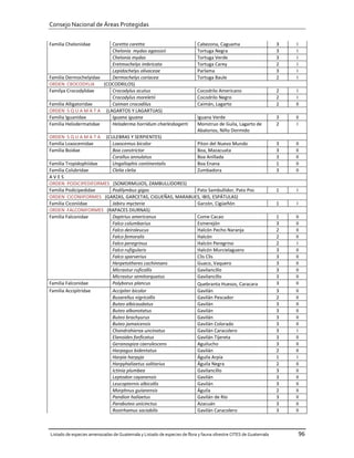 Consejo Nacional de Áreas Protegidas


Familia Cheloniidae       Caretta caretta                                 Cabezona, Caguama                       3   I
                          Chelonia mydas agassizii                        Tortuga Negra                           3   I
                          Chelonia mydas                                  Tortuga Verde                           3   I
                          Eretmochelys imbricata                          Tortuga Carey                           2   I
                          Lepidochelys olivaceae                          Parlama                                 3   I
Familia Dermochelyidae    Dermochelys coriacea                            Tortuga Baule                           2   I
ORDEN CROCODYLIA       (COCODRILOS)
Familya Crocodylidae      Crocodylus acutus                               Cocodrilo Americano                     2    I
                          Crocodylus moreletii                            Cocodrilo Negro                         2    I
Familia Alligatoridae     Caiman crocodilus                               Caimán, Lagarto                         2   II
ORDEN S Q U A M A T A (LAGARTOS Y LAGARTIJAS)
Familia Iguanidae         Iguana iguana                                   Iguana Verde                            3   II
Familia Helodermatidae    Heloderma horridum charlesbogerti               Monstruo de Guila, Lagarto de           2    I
                                                                          Abalorios, Niño Dormido
ORDEN S Q U A M A T A       (CULEBRAS Y SERPIENTES)
Familia Loxocemidae            Loxocemus bicolor                          Piton del Nuevo Mundo                   3   II
Familia Boidae                 Boa constrictor                            Boa, Mazacuata                          3   II
                               Corallus annulatus                         Boa Anillada                            3   II
Familia Tropidophiidae         Ungaliophis continentalis                  Boa Enana                               1   II
Familia Colubridae             Clelia clelia                              Zumbadora                               3   II
AVES
ORDEN PODICIPEDIFORMES (SOMORMUJOS, ZAMBULLIDORES)
Familia Podicipedidae  Podilymbus gigas                 Pato Sambullidor, Pato Poc                                1   I
ORDEN CICONIIFORMES (GARZAS, GARCETAS, CIGUEÑAS, MARABUES, IBIS, ESPÁTULAS)
Familia Ciconiidae     Jabiru mycteria                  Garzón, Cigüeñón                                          1   I
ORDEN FALCONIFORMES (RAPACES DIURNAS)
Familia Falconidae     Daptrius americanus              Come Cacao                                                1   II
                       Falco columbarius                Esmerejón                                                 3   II
                       Falco deiroleucus                Halcón Pecho Naranja                                      2   II
                       Falco femoralis                  Halcón                                                    2   II
                       Falco peregrinus                 Halcón Peregrino                                          2    I
                       Falco rufigularis                Halcón Murcielaguero                                      3   II
                       Falco sparverius                 Clis Clis                                                 3   II
                       Herpetotheres cachinnans         Guaco, Vaquero                                            3   II
                       Micrastur ruficollis             Gavilancillo                                              3   II
                       Micrastur semitorquatus          Gavilancillo                                              3   II
Familia Falconidae     Polyborus plancus                Quebranta Huesos, Caracara                                3   II
Familia Accipitridae   Accipiter bicolor                Gavilán                                                   3   II
                       Busarellus nigricollis           Gavilán Pescador                                          2   II
                       Buteo albicaudatus               Gavilán                                                   3   II
                       Buteo albonotatus                Gavilán                                                   3   II
                       Buteo brachyurus                 Gavilán                                                   3   II
                       Buteo jamaicensis                Gavilán Colorado                                          3   II
                       Chondrohierax uncinatus          Gavilán Caracolero                                        3    I
                       Elanoides forficatus             Gavilán Tijereta                                          3   II
                       Geranospiza caerulescens         Aguilucho                                                 3   II
                       Harpagus bidentatus              Gavilán                                                   2   II
                       Harpia harpyja                   Águila Arpía                                              1    I
                       Harpyhaliaetus solitarius        Águila Negra                                              2   II
                       Ictinia plumbea                  Gavilancillo                                              3   II
                       Leptodon cayanensis              Gavilán                                                   3   II
                       Leucopternis albicollis          Gavilán                                                   3   II
                       Morphnus guianensis              Águila                                                    2   II
                       Pandion haliaetus                Gavilán de Río                                            3   II
                       Parabuteo unicinctus             Azacuán                                                   3   II
                       Rostrhamus sociabilis            Gavilán Caracolero                                        3   II



Listado de especies amenazadas de Guatemala y Listado de especies de flora y fauna silvestre CITES de Guatemala           96
 