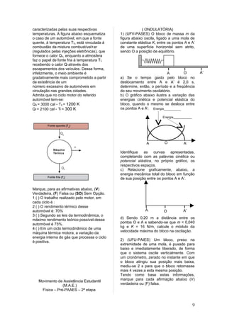 caracterizadas pelas suas respectivas                      ( ONDULATÓRIA)
temperaturas. A figura abaixo esquematiza     1) (UFV-PASES) O bloco de massa m da
o caso de um automóvel, em que a fonte        figura abaixo oscila, ligado a uma mola de
quente, à temperatura Tq, está vinculada à    constante elástica K, entre os pontos A e A’
combustão da mistura combustível+ar           de uma superfície horizontal sem atrito,
(regulados pelas injeções eletrônicas), que   sendo O a posição de equilíbrio.
fornece o calor Qq, enquanto a atmosfera
faz o papel de fonte fria à temperatura Tf,
recebendo o calor Qf através dos
escapamentos dos veículos. Dessa forma,
infelizmente, o meio ambiente é                                          A         O            A’
gradativamente mais comprometido a partir     a) Se o tempo gasto pelo bloco no
da existência de um                           deslocamento entre A e A’ é 2,0 s,
número excessivo de automóveis em             determine, então, o período e a freqüência
circulação nas grandes cidades.               do seu movimento oscilatório.
Admita que no ciclo motor do referido         b) O gráfico abaixo ilustra a variação das
automóvel tem-se:                             energias cinética e potencial elástica do
Qq = 3000 cal - Tq = 1200 K                   bloco, quando o mesmo se desloca entre
Qf = 2100 cal - Tf = 300 K                    os pontos A e A’. Energia__________
                                                                 _
                                                                       Energia___________




                                                             A          O          A’

                                              Identifique  as     curvas   apresentadas,
                                              completando com as palavras cinética ou
                                              potencial elástica, no próprio gráfico, os
                                              respectivos espaços.
                                              c) Relacione graficamente, abaixo, a
                                              energia mecânica total do bloco em função
                                              de sua posição entre os pontos A e A’.

Marque, para as afirmativas abaixo, (V)
Verdadeira, (F) Falsa ou (SO) Sem Opção.
1 ( ) O trabalho realizado pelo motor, em
cada ciclo é :
2 ( ) O rendimento térmico desse
automóvel é: 70%                                            A          O           A’
3 ( ) Segundo as leis da termodinâmica, o
máximo rendimento teórico possível desse      d) Sendo 0,20 m a distância entre os
automóvel é 75%.                              pontos O e A e sabendo-se que m = 0,040
4 ( ) Em um ciclo termodinâmico de uma        kg e K = 16 N/m, calcule o módulo da
máquina térmica motora, a variação da         velocidade máxima do bloco na oscilação.
energia interna do gás que processa o ciclo
é positiva.                                   2) (UFU-PAIES) Um bloco, preso na
                                              extremidade de uma mola, é puxado para
                                              baixo e imediatamente liberado, de forma
                                              que o sistema oscile verticalmente. Com
                                              um cronômetro, zerado no instante em que
                                              o bloco atingiu sua posição mais baixa,
                                              mediu-se 2 s para que o bloco retornasse
                                              mais 4 vezes a esta mesma posição.
                                              Tendo como base estas informações,
   Movimento de Assistência Estudantil        marque para cada afirmação abaixo (V)
                (M.A.E.)                      verdadeira ou (F) falsa.
    Física – Pré-PAAES – 2ª etapa



                                                                                            9
 