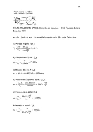 13
FONTE: MELCONIAN. SARKIS: Elementos de Máquinas – 9 Ed. Revisada. Editora
Érica. Ano 2009.
A polia 1 (motora) atua com velocidade angular ω1 = 39π rad/s. Determinar:
a) Período da polia 1 ( ):
π
ω
π
π
b) Frequência da polia 1 ( ):
c) Rotação da polia 1 ( ):
d) Velocidade Angular da polia 2 (ω ):
≅
e) Frequência da polia 2 ( ):
f) Período da polia 2 ( ):
 