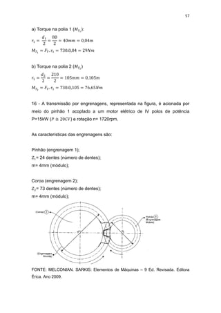 57
a) Torque na polia 1 ( ):
b) Torque na polia 2 ( )
16 - A transmissão por engrenagens, representada na figura, é acionada por
meio do pinhão 1 acoplado a um motor elétrico de IV polos de potência
P=15kW ( ≅ ) e rotação n= 1720rpm.
As características das engrenagens são:
Pinhão (engrenagem 1);
= 24 dentes (número de dentes);
m= 4mm (módulo);
Coroa (engrenagem 2);
= 73 dentes (número de dentes);
m= 4mm (módulo);
FONTE: MELCONIAN. SARKIS: Elementos de Máquinas – 9 Ed. Revisada. Editora
Érica. Ano 2009.
 