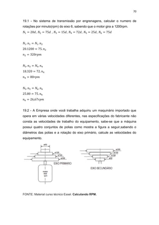 70
19.1 - No sistema de transmissão por engrenagens, calcular o numero de
rotações por minuto(rpm) do eixo 6, sabendo que o motor gira a 1200rpm.
, , , , ,
19.2 - A Empresa onde você trabalha adquiriu um maquinário importado que
opera em várias velocidades diferentes, nas especificações do fabricante não
consta as velocidades de trabalho do equipamento, sabe-se que a máquina
possui quatro conjuntos de polias como mostra a figura a seguir,sabendo o
diâmetros das polias e a rotação do eixo primário, calcule as velocidades do
equipamento.
FONTE: Material curso técnico Essel. Calculando RPM.
 
