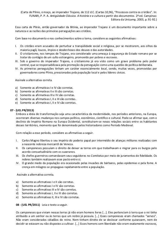 Lista de exercícios 1a fase - história geral - uel