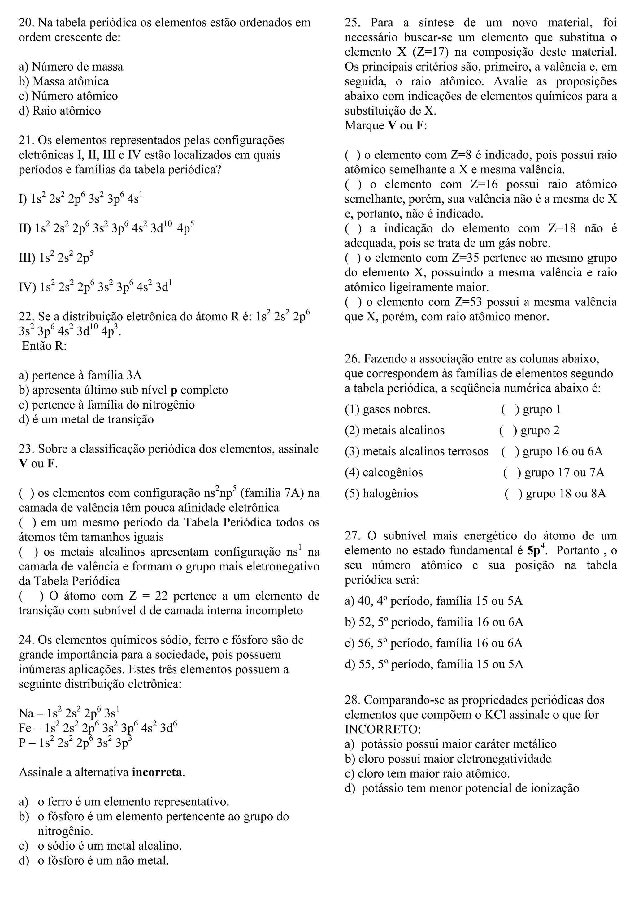 Lista de exercícios classificação periódica e propriedades periódicas ...