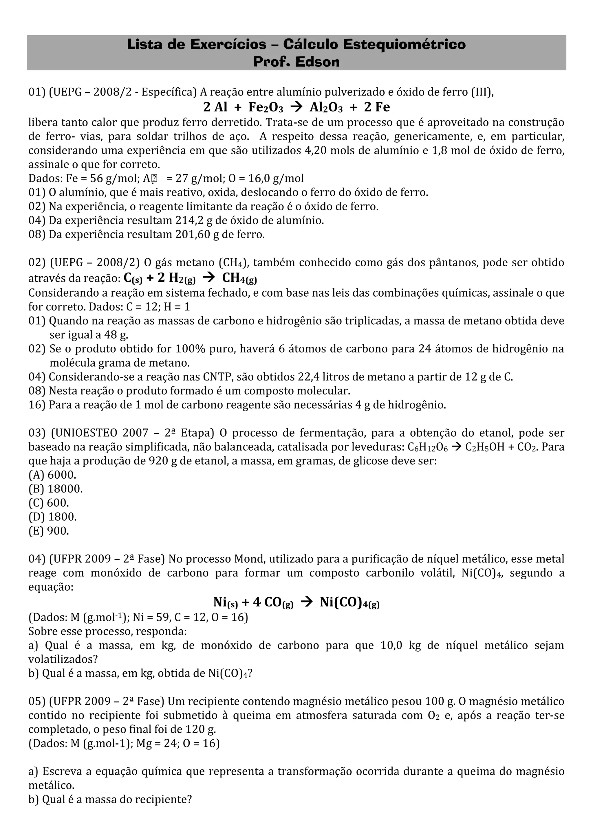 Lista de exercícios - cálculo estequiométrico | PDF | Chemistry | Science