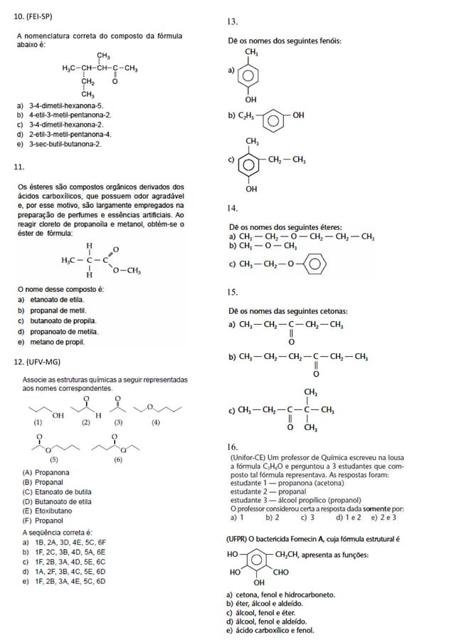 Lista de exercícios funções oxigenadas | PDF
