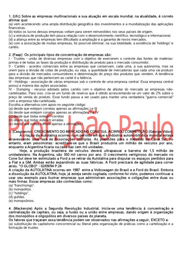 Exercicios Sobre Artesanato Manufatura E Industria 6o Ano Lista de exercícios Globalização I- Gabarito comentado
