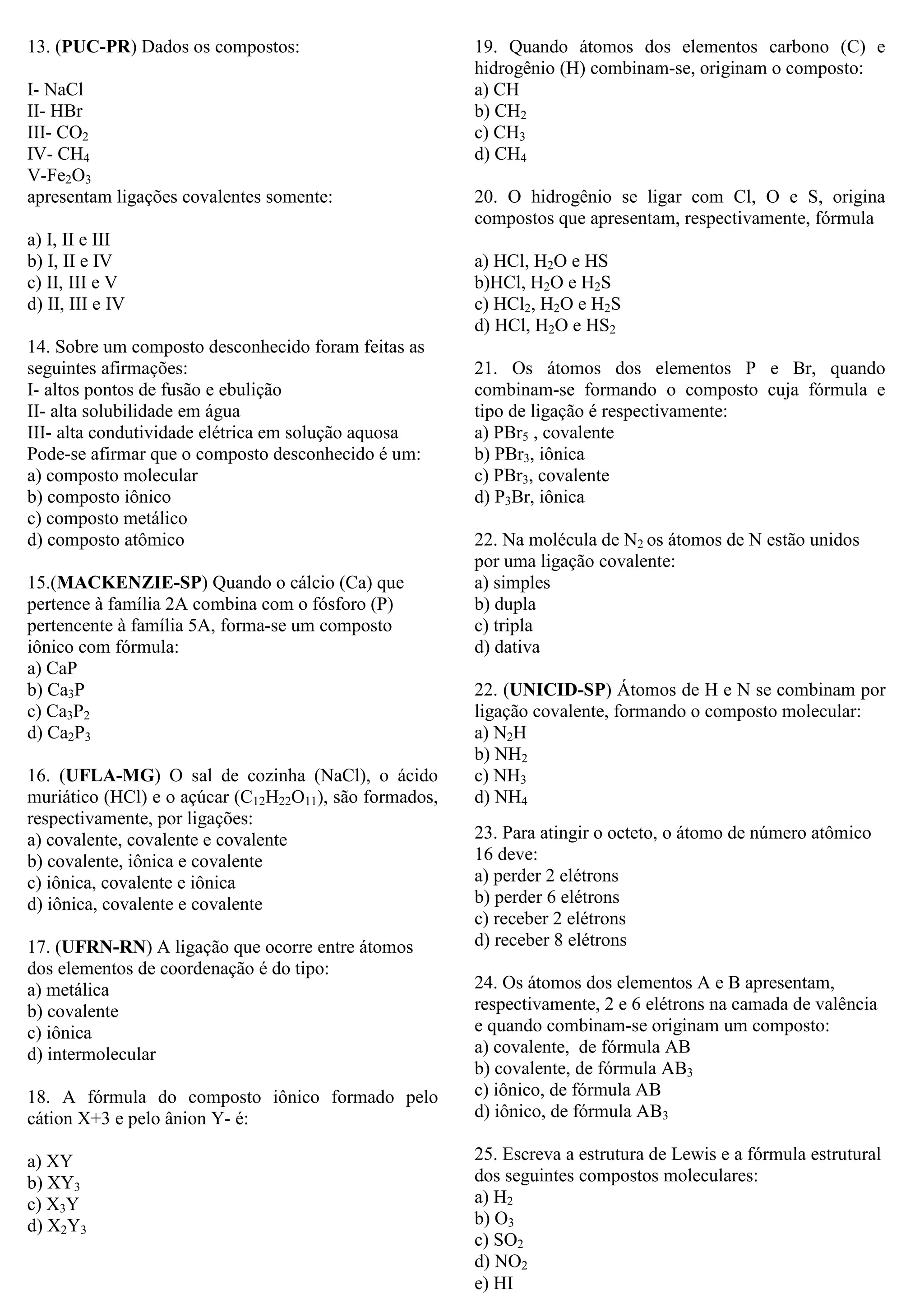 Lista de exercícios ligações químicas | PDF