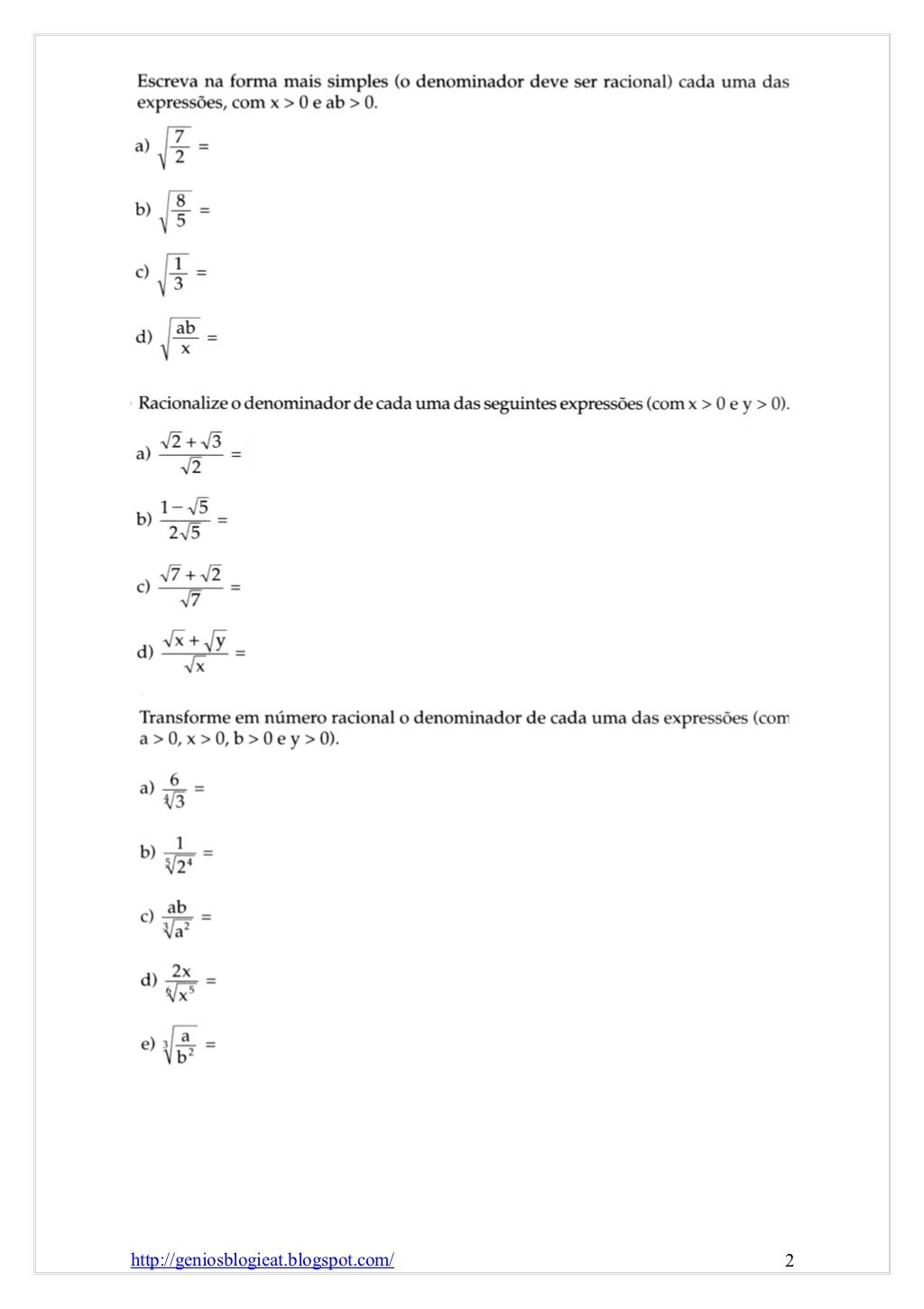 Lista de exercícios radicais - racionalização - II unidade