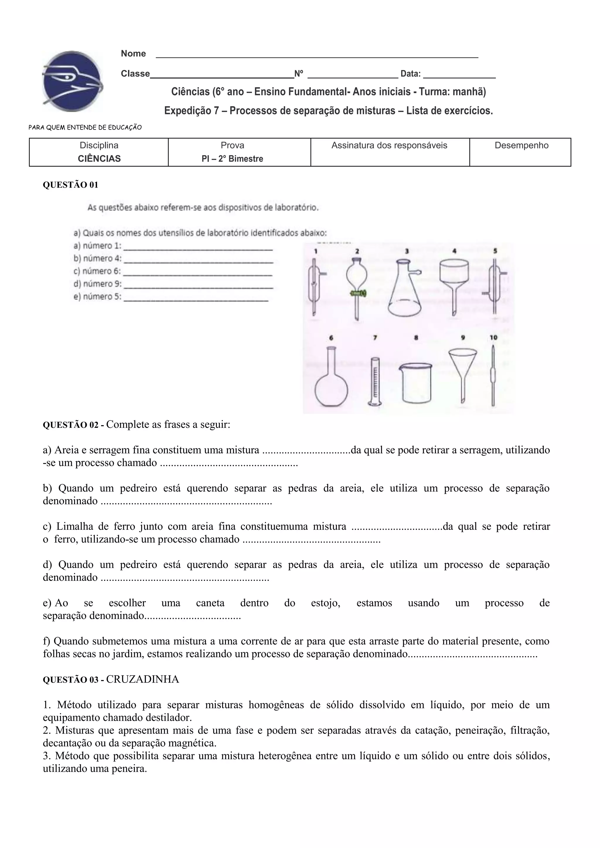 Lista de exercícios - Separação de misturas.docx