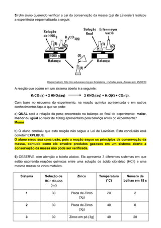 5) Um aluno querendo verificar a Lei da conservação da massa (Lei de Lavoisier) realizou
a experiência esquematizada a seguir:
Disponível em: http://crv.educacao.mg.gov.br/sistema_crv/index.aspx. Acesso em: 25/05/13
A reação que ocorre em um sistema aberto é a seguinte:
K2CO3(s) + 2 HNO3(aq) 2 KNO3(aq) + H2O(ℓ) + CO2(g).
Com base no esquema do experimento, na reação química apresentada e em outros
conhecimentos faça o que se pede:
a) QUAL será a relação do peso encontrado na balança ao final do experimento: maior,
menor ou igual ao valor de 1000g apresentado pela balança antes do experimento?
Menor
b) O aluno concluiu que esta reação não segue a Lei de Lavoisier. Esta conclusão está
correta? EXPLIQUE.
O aluno errou sua conclusão, pois a reação segue os princípios da conservação da
massa, contudo como ela envolve produtos gasosos em um sistema aberto a
conservação da massa não pode ser verificada.
6) OBSERVE com atenção a tabela abaixo. Ela apresenta 3 diferentes sistemas em que
estão ocorrendo reações químicas entre uma solução de ácido clorídrico (HC) e uma
mesma massa de zinco metálico.
Sistema Solução de
HC diluído
(ml)
Zinco Temperatura
(°C)
Número de
bolhas em 15 s
1 30 Placa de Zinco
(3g)
20 2
2 30 Placa de Zinco
(3g)
40 6
3 30 Zinco em pó (3g) 40 20
 
