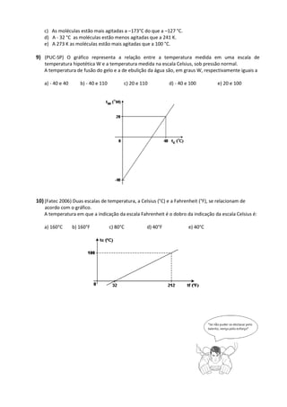 c) As moléculas estão mais agitadas a –173°C do que a –127 °C.
d) A - 32 °C as moléculas estão menos agitadas que a 241 K.
e) A 273 K as moléculas estão mais agitadas que a 100 °C.
9) (PUC-SP) O gráfico representa a relação entre a temperatura medida em uma escala de
temperatura hipotética W e a temperatura medida na escala Celsius, sob pressão normal.
A temperatura de fusão do gelo e a de ebulição da água são, em graus W, respectivamente iguais a
a) - 40 e 40 b) - 40 e 110 c) 20 e 110 d) - 40 e 100 e) 20 e 100
10) (Fatec 2006) Duas escalas de temperatura, a Celsius (°C) e a Fahrenheit (°F), se relacionam de
acordo com o gráfico.
A temperatura em que a indicação da escala Fahrenheit é o dobro da indicação da escala Celsius é:
a) 160°C b) 160°F c) 80°C d) 40°F e) 40°C
 