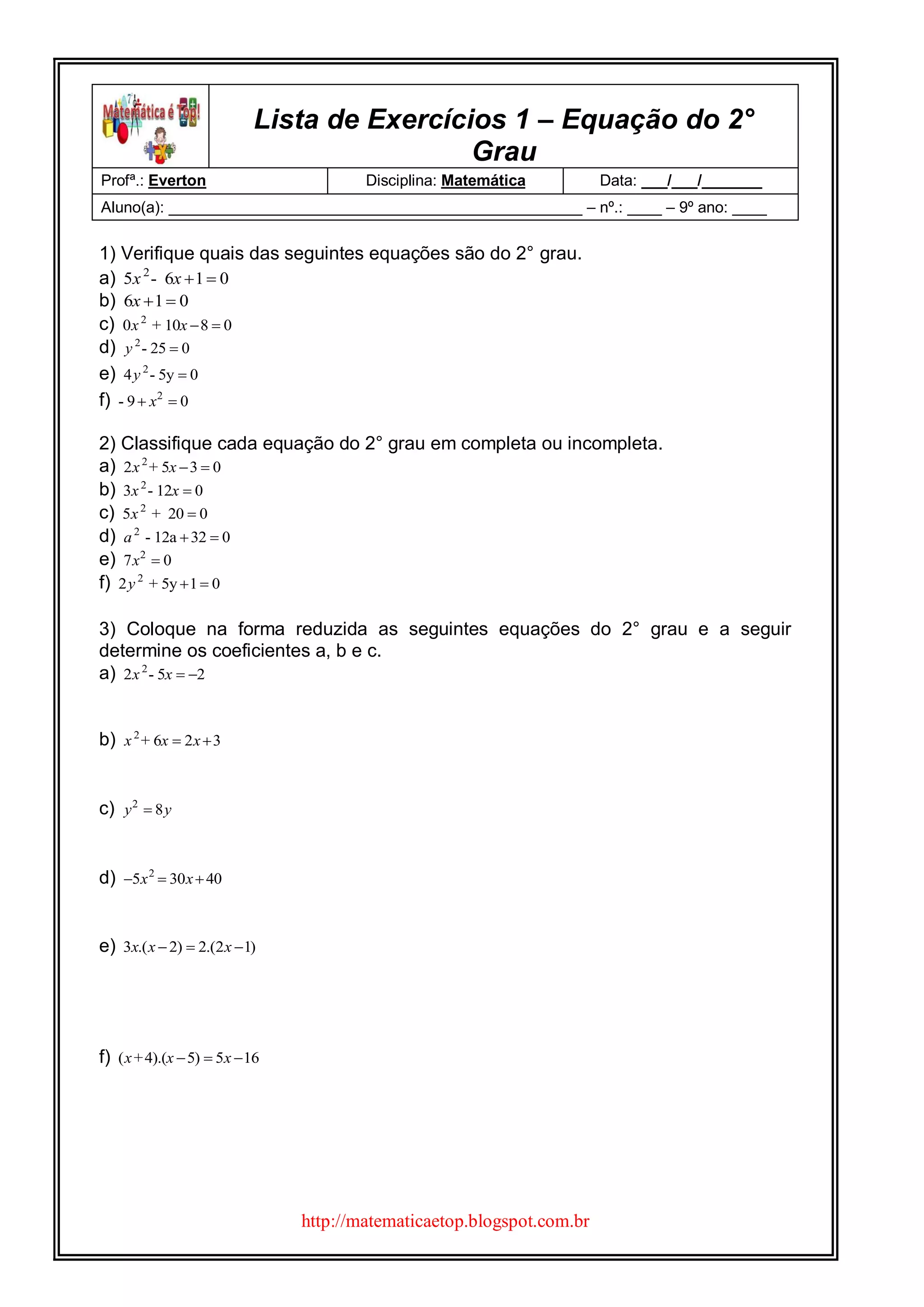 Lista de exercícios 1 – equação do 2° grau | PDF