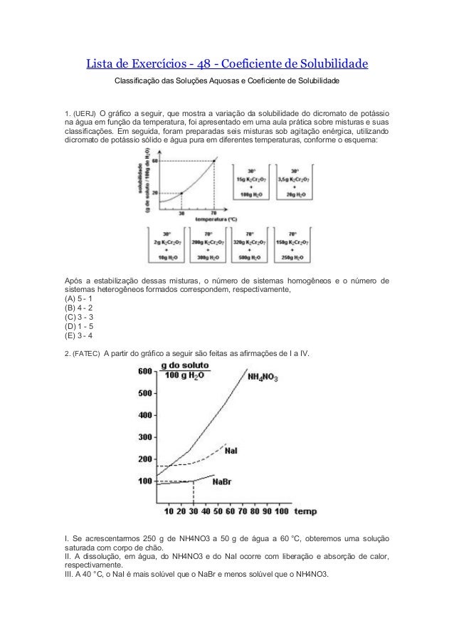 Lista De Exercícios 48 Coeficciente De Solubilidade