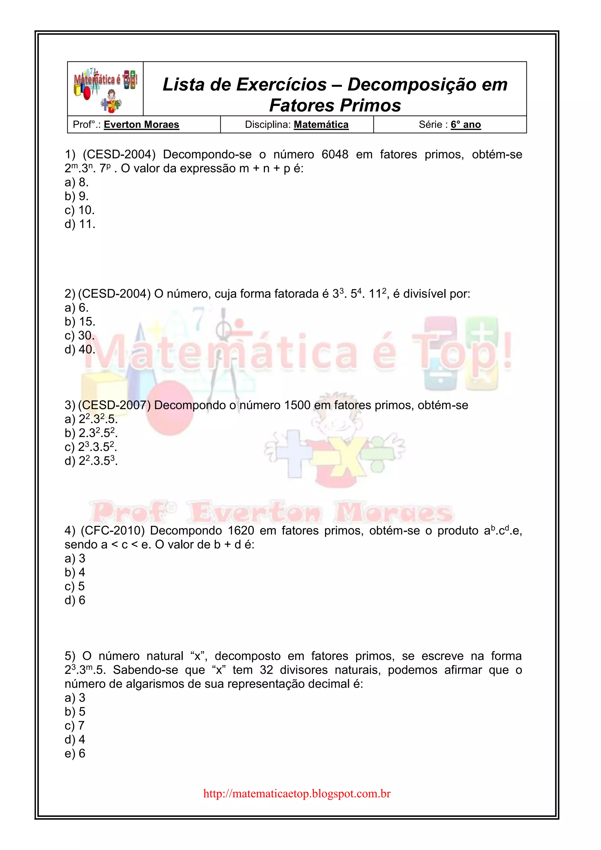Lista de Exercícios – Decomposição em Fatores Primos | PDF