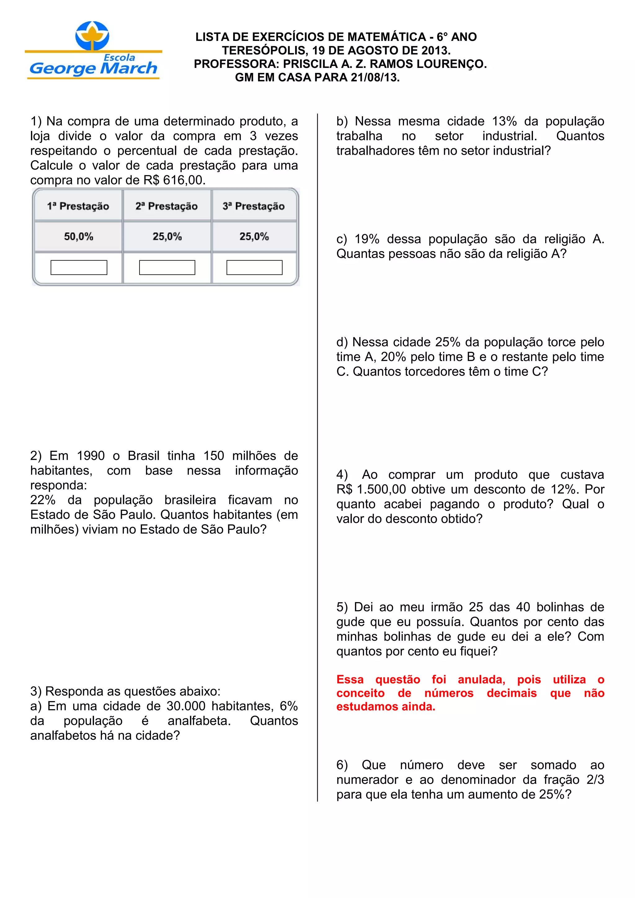 Lista de exercícios de porcentagem | PDF