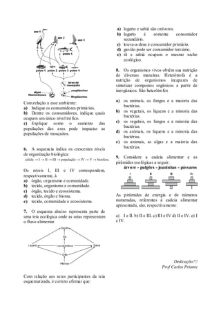 Com relação a esse ambiente:
a) Indique os consumidores primários.
b) Dentre os consumidores, indique quais
ocupam um único nível trófico.
c) Explique como o aumento das
populações das aves pode impactar as
populações de mosquitos.
6. A sequencia indica os crescentes níveis
de organização biológica:
Os níveis I, III e IV correspondem,
respectivamente, à
a) órgão, organismo e comunidade.
b) tecido, organismo e comunidade.
c) órgão, tecido e ecossistema.
d) tecido, órgão e bioma.
e) tecido, comunidade e ecossistema.
7. O esquema abaixo representa parte de
uma teia ecológica onde as setas representam
o fluxo alimentar.
Com relação aos seres participantes da teia
esquematizada, é correto afirmar que:
a) lagarto e sabiá são onívoros.
b) lagarto é somente consumidor
secundário.
c) louva-a-deus é consumidor primário.
d) gavião pode ser consumidor terciário.
e) rã e sabiá ocupam o mesmo nicho
ecológico.
8. Os organismos vivos obtêm sua nutrição
de diversas maneiras. Heterótrofa é a
nutrição de organismos incapazes de
sintetizar compostos orgânicos a partir de
inorgânicos. São heterótrofos
a) os animais, os fungos e a maioria das
bactérias.
b) os vegetais, os liquens e a minoria das
bactérias.
c) os vegetais, os fungos e a minoria das
bactérias.
d) os animais, os liquens e a minoria das
bactérias.
e) os animais, as algas e a maioria das
bactérias.
9. Considere a cadeia alimentar e as
pirâmides ecológicas a seguir:
árvore - pulgões - joaninhas - pássaros
As pirâmides de energia e de números
numeradas, referentes à cadeia alimentar
apresentada, são, respectivamente:
a) I e II. b) II e III. c) III e IV d) II e IV. e) I
e IV.
Dedicação!!!
Prof Carlos Priante
 