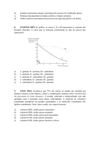 b) Lipídeos armazenam energia e participam do processo de codificação gênica.
c) Proteínas desempenham atividade catalítica e função estrutural.
d) Ácidos nucléicos participam nos processos de expressão gênica e de defesa.
8. (UNIFESP 2007) No gráfico, as curvas I, II e III representam o consumo das
privação alimentar. A curva que se relaciona corretamente ao tipo de reserva que
representa é
a) I - gordura; II - proteína; III - carboidrato.
b) I - proteína; II - gordura; III - carboidrato.
c) I - proteína; II - carboidrato; III - gordura.
d) I - carboidrato; II - proteína; III - gordura.
e) I - carboidrato; II - gordura; III - proteína.
9. (UESC 2012) Acredita-se que 75% das mortes no mundo são causadas por
doenças crônicas, como diabetes, câncer e complicações cardíacas (Diet, nutrition and
the prevention of cronic diseases). A comida, sobretudo a industrializada, tem sido
apontada como a principal causa dessas enfermidades. A molécula de colesterol,
considerada prejudicial em grandes quantidades, e as moléculas constituintes dos
lipídios considerados “bons” para a saúde, são, respectivamente,
a) colesterol HDL; ácidos graxos insaturados.
b) colesterol HDL; ácidos graxos saturados.
c) colesterol HDL; ácidos graxos poli-insaturados.
d) colesterol LDL; ácidos graxos saturados.
e) colesterol LDL; ácidos graxos linoleico e oleico.
 