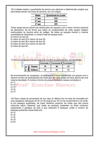 http://matematicaetop.blogspot.com.br
16) A tabela mostra a quantidade de alunos que aderiram a determinado projeto que
será desenvolvido nos finais de semana, em um colégio.
Todos esses alunos devem ser distribuídos em equipes com o maior número possível
de elementos, de tal forma que todos os componentes de cada equipe estejam
matriculados na mesma série do colégio. Se todas as equipes tiverem a mesma
quantidade de elementos, o número total de equipes será:
a) menor do que 25.
b) maior do que 25 e menor do que 30.
c) maior do que 30 e menor do que 35.
d) maior do que 35 e menor do que 40.
e) maior do que 40.
17) Em um congresso havia o seguinte número de participantes, por faculdade.
No encerramento do congresso, os participantes foram distribuídos em grupos com o
mesmo número de participantes de modo que em cada grupo só havia alunos de uma
mesma faculdade. O número mínimo de grupos formados nessas condições é:
a) 11.
b) 12.
c) 13.
d) 14.
e) 15.
18) Para a festa de aniversário de sua neta, D. Márcia fez um bolo de chocolate em
uma assadeira retangular de 35 cm de largura por 45 cm de comprimento e irá cortá-
lo em pedaços quadrados, de maior tamanho possível, de modo que não ocorra
nenhuma sobra. Sabendo que todas as pessoas presentes na festa comeram
exatamente 3 pedaços de bolo e que sobraram 9 pedaços, então o número de
pessoas presentes nessa festa era:
a) 12.
b) 14.
c) 16.
d) 18.
e) 20.
 