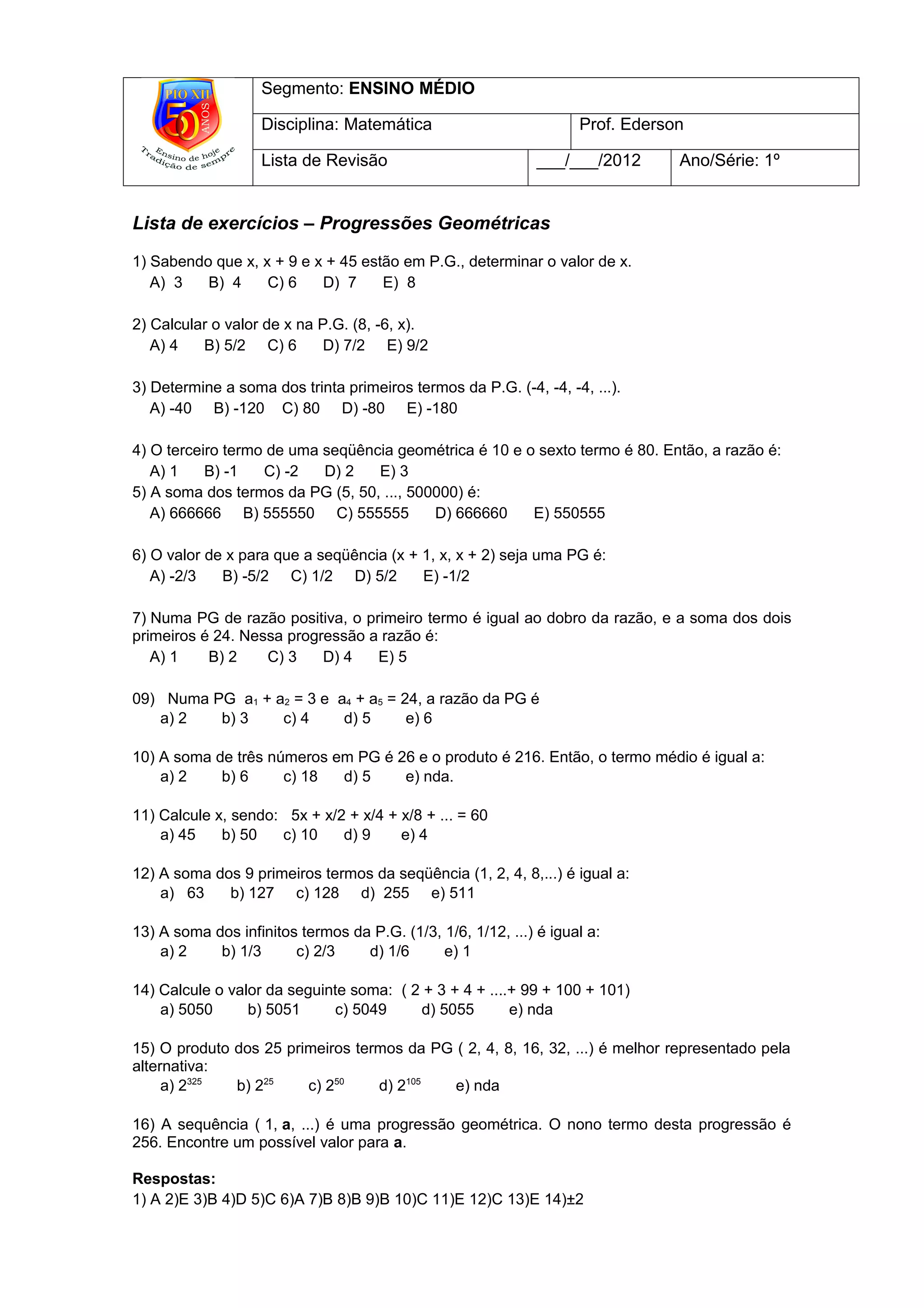 Math Pg Pdf Lista de exercícios PG | DOC