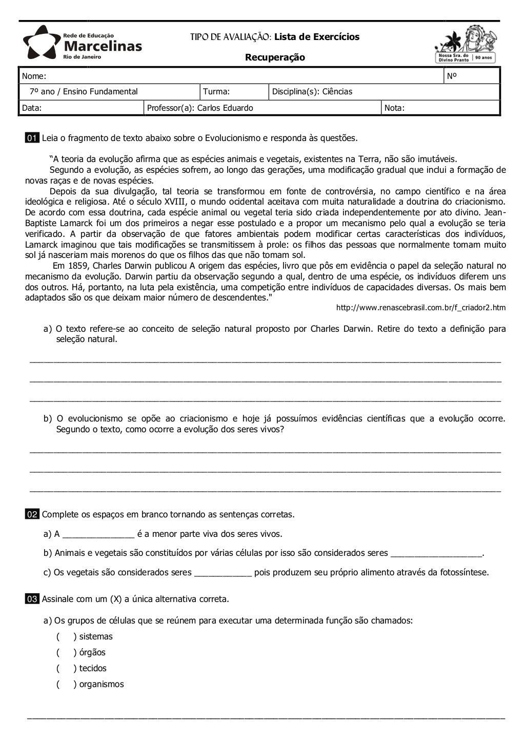 Lista de exercícios recuperação 7 ano ciências