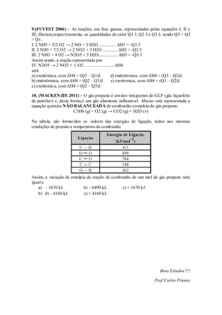 9.(FUVEST 2006) – As reações, em fase gasosa, representadas pelas equações I, II e
III, liberam,respectivamente, as quantidades de calor Q1 J, Q2 J e Q3 J, sendo Q3 > Q2
> Q1.
I. 2 NH3 + 5/2 O2 → 2 NO + 3 H2O ............... ΔH1 = -Q1 J
II. 2 NH3 + 7/2 O2 → 2 NO2 + 3 H2O ............. ΔH2 = -Q2 J
III. 2 NH3 + 4 O2 → N2O5 + 3 H2O................. ΔH3 = -Q3 J
Assim sendo, a reação representada por
IV. N2O5 → 2 NO2 + ½ O2 ...........................ΔH4
será
a) exotérmica, com ΔH4 = (Q3 – Q1)J. d) endotérmica, com ΔH4 = (Q3 – Q2)J.
b) endotérmica, com ΔH4 = (Q2 – Q1)J. e) exotérmica, com ΔH4 = (Q1 – Q2)J.
c) exotérmica, com ΔH4 = (Q2 – Q3)J.
10. (MACKENZIE 2011) – O gás propano é um dos integrantes do GLP (gás liquefeito
de petróleo) e, desta forma,é um gás altamente inflamável. Abaixo está representada a
equação química NÃO BALANCEADA de combustão completa do gás propano.
C3H8 (g) + O2 (g) → CO2 (g) + H2O (v)
Na tabela, são fornecidos os valores das energias de ligação, todos nas mesmas
condições de pressão e temperatura da combustão.
Assim, a variação de entalpia da reação de combustão de um mol de gás propano será
igual a
a) – 1670 kJ. b) – 6490 kJ. c) + 1670 kJ.
b) d) – 4160 kJ. e) + 4160 kJ.
Bons Estudos!!!!
Prof Carlos Priante
 