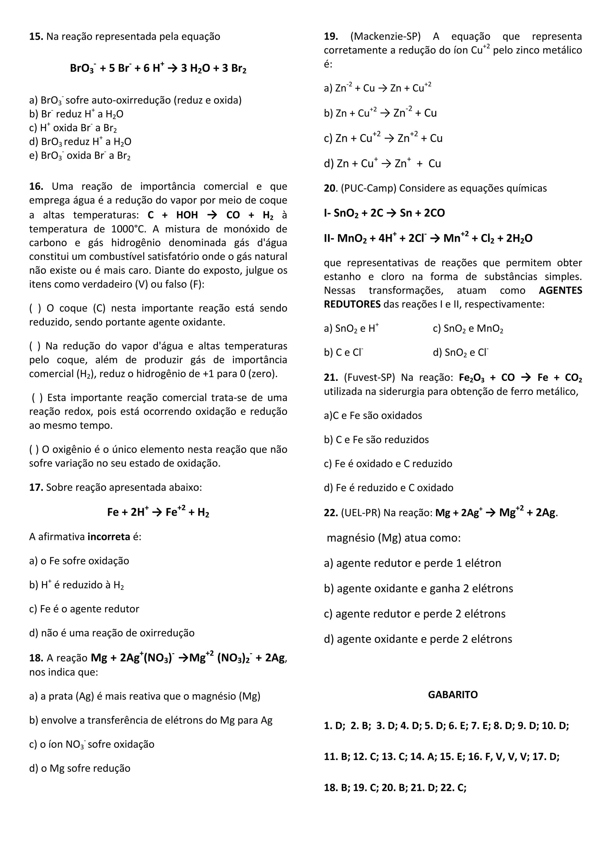 Lista de exercicios reações de oxidação e redução | PDF