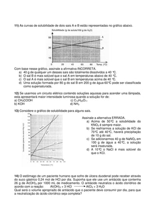 11) As curvas de solubilidade de dois sais A e B estão representadas no gráfico abaixo.




Com base nesse gráfico, assinale a afirmativa INCORRETA.
  a) 40 g de qualquer um desses sais são totalmente dissolvidos a 40 °C.
  b) O sal B é mais solúvel que o sal A em temperaturas abaixo de 40 °C.
  c) O sal A é mais solúvel que o sal B em temperaturas acima de 40 °C.
  d) Uma solução formada por 80 g do sal B em 200 g de água-60° pode ser classificada
                                                                   C
     como supersaturada.

12) Se usarmos um circuito elétrico contendo soluções aquosas para acender uma lâmpada,
esta apresentará maior intensidade luminosa quando a solução for de:
a) CH3COOH                               c) C12H22O11
b) KOH                                   d) NH3

13) Considere o gráfico de solubilidade para alguns sais.

                                                  Assinale a alternativa ERRADA.
                                                     a) Acima de 50°C a solubilidade do
                                                        KNO3 é sempre maior.
                                                     b) Se resfriarmos a solução de KCl de
                                                        70° até 40°C, haverá precipitação
                                                            C
                                                        de 10 g do sal.
                                                     c) Se adicionarmos 40 g de NaNO3 em
                                                        100 g de água a 40° a solução
                                                                              C,
                                                        será insaturada.
                                                     d) A 10° o NaCl é mais solúvel do
                                                               C
                                                        que o KCl.




14) O estômago de um paciente humano que sofre de úlcera duodenal pode receber através
do suco gástrico 0,24 mol de HCl por dia. Suponha que ele use um antiácido que contenha
26 g de Al(OH)3 por 1000 mL de medicamento. O antiácido neutraliza o ácido clorídrico de
acordo com a reação:       Al(OH)3 + 3 HCl         AlCl3 + 3 H2O
Qual será o volume apropriado de antiácido que o paciente deve consumir por dia, para que
a neutralização do ácido clorídrico seja completa?
 
