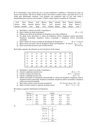 3) A cromoterapia é uma ciência que usa a cor para estabelecer o equilíbrio e a harmonia do corpo, da
mente e das emoções. Não há cor melhor ou pior, mais nobre ou menos nobre, o que pode haver é a cor
errada para determinado momento. Uma pesquisa visa estabelecer qual cor traz mais calma e
tranquilidade para as pessoas entrevistadas. A tabela a seguir registra as opiniões de 30 pessoas.
Azul Rosa Branco Azul Branco Bege Amarelo Rosa Branco Amarelo
Branco Bege Amarelo Branco Rosa Azul Amarelo Azul Bege Branco
Amarelo Amarelo Azul Bege Azul Amarelo Branco Bege Branco Azul
a) Identifique a variável em estudo e classifique-a.
b) Qual o número de dados da pesquisa? (R: n = 30)
c) Elabore uma tabela de distribuição de frequências (em ordem alfabética).
d) Na tabela acima, discrimine os valores da frequência relativa, frequência relativa percentual,
frequência acumulada, frequência relativa acumulada e frequência relativa percentual
acumulada.
e) Qual o número de classes na tabela de distribuição de frequências? (R: k = 5 classes)
f) Qual a classe com maior valor de frequência? Qual é sua frequência? (R: Branco; fbranco = 8)
g) Qual o porcentual de pessoas que escolheu branco? (R: 26,67%)
4) Os dados seguintes são referentes ao nível de glicose de 60 crianças:
55 57 61 62 65 65 67 69 73 76
55 58 61 63 65 65 67 69 74 77
56 59 61 64 65 66 68 69 75 80
57 60 61 64 65 66 68 71 75 80
57 60 62 64 65 66 68 72 75 80
57 60 62 64 65 66 68 72 76 82
a) Identifique a variável em estudo e classifique-a.
b) Calcule a amplitude amostral (AA). (R: AA = 27)
c) Calcule o número de classes (k). (R: k = 7 classes)
d) Calcule a amplitude de classe (h). (R: h = 4)
e) Elabore uma tabela de frequências discriminando os valores da frequência, frequência relativa,
frequência relativa percentual, frequência acumulada, frequência relativa acumulada e frequência
relativa percentual acumulada.
f) Qual classe contém o termo de maior frequência? (R: Terceira classe: 63 [-- 67)
g) Quais os limites (inferior e superior) da quinta classe? (R: l5 = 71; L5 = 75)
5) Critique as seguintes distribuições de frequências:
a)
Classes Dados
10 a 19 8,6 22,8 30,5 28,9 23,7
20 a 30 12 20,1 26,8 9,5 18,6
29 a 40 42,3 34,9 20,3 13,5 11,8
34,2 37,4 23 19,3 14,5
25,8 17,5 12,3 25,7 28,4
b)
Classes fi
0 --] 2 80
4 --] 6 0
6 [-- 8 10
8 --] 10 10
100
 