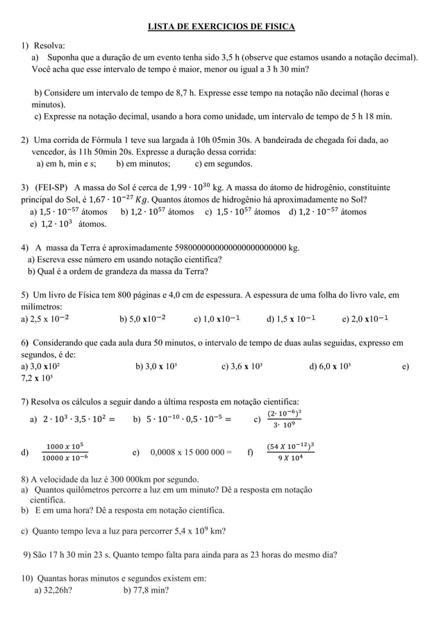 Lista de exercicios de fisica 1º ano | PDF