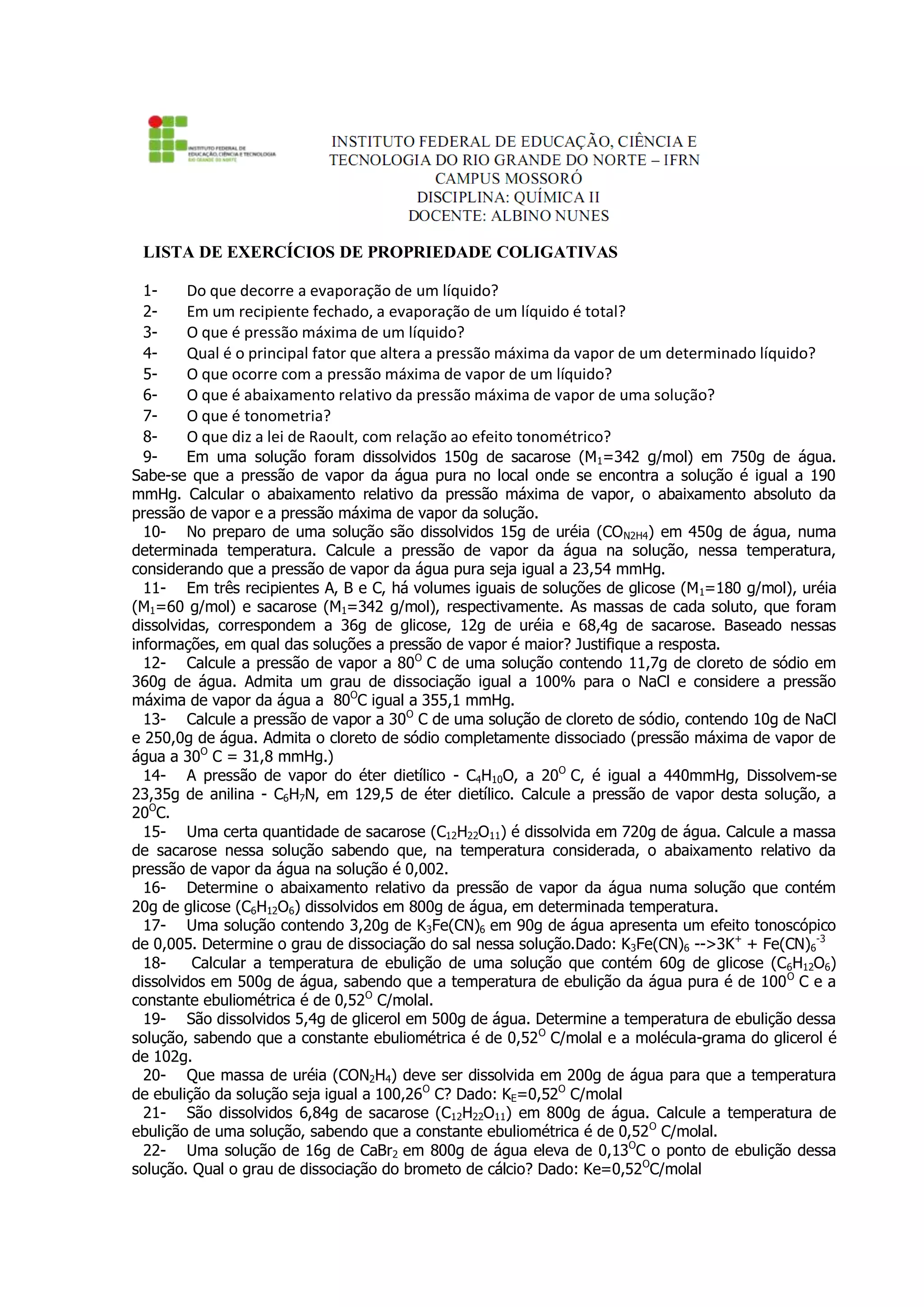 Exercícios De Propriedades Coligativas - RETOEDU