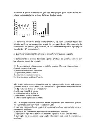 de células. A partir da análise dos gráficos, explique por que o volume médio das
células varia dessa forma ao longo do tempo de observação.




32 - Criadores sabem que a mula (exemplar fêmea) e o burro (exemplar macho) são
híbridos estéreis que apresentam grande força e resistência. São o produto do
acasalamento do jumento (Equus asinus, 2n = 62 cromossomos) com a égua (Equus
caballus, 2n = 64 cromossomos).

a) Quantos cromossomos têm o burro ou a mula? Justifique sua resposta.

b) Considerando os eventos da meiose I para a produção de gametas, explique por
que o burro e a mula são estéreis.

33 - Em um organismo, células musculares e células nervosas diferem principalmente por:
a) possuírem genes diferentes.
b) possuírem cromossomos diferentes.
c) expressarem genes diferentes.
d) possuírem ribossomos diferentes.
e) utilizarem código genético diferente.



34 - Se você avaliar quantitativamente o DNA dos espermatozóides do rato você encontra
a unidades do DNA. Se você mediu o DNA dos células do fígado do rato e encontrou células
com 4a, você pode afirmar que estas células:
a) estão na prófase II da meiose;
b) estão na fase inicial da fase S;
c) estão na fase G1 do ciclo celular;
d) estão iniciando o processo da mitose.


35 - Os dois processos que ocorrem na meiose, responsáveis pela variabilidade genética
dos organismos que se reproduzem sexuadamente, são:
a) separação independente dos pares de cromossomos homólogos e permutação entre os
cromossomos homólogos.
b) duplicação dos cromossomos e pareamento dos cromossomos homólogos.
c) separação da dupla-hélice da molécula de DNA e replicação de cada umas das fitas.
d) duplicação dos cromossomos e segregação independente dos pares de cromossomos
homólogos.
 