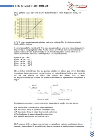 Prof.Rodriguinho
2 Lista de exercícios SOLUBILIDADE
04) O gráfico a seguir representa a curva de solubilidade do nitrato de potássio (KNO3) em
água.
A 70 °C, foram preparadas duas soluções, cada uma contendo 70 g de nitrato de potássio
(KNO3) e 200 g de água.
A primeira solução foi mantida a 70 °C e, após a evaporação de uma certa massa de água (m),
houve início de precipitação do sólido. A outra solução foi resfriada a uma temperatura (t) em
que se percebeu o início da precipitação do sal. A análise do gráfico permite inferir que os
valores aproximados da massa e da temperatura são, respectivamente,
A) m = 50 g e t = 45 °C
B) m = 150 g e t = 22 °C
C) m = 100 g e t = 22 °C
D) m = 150 g e t = 35 °C
E) m = 100 g e t = 45 °C
05) As bolsas instantâneas, frias ou quentes, usadas nos atletas que sofrem distensões
musculares, dividem-se em dois compartimentos: um contendo água líquida e outro contendo
um sal, que absorve ou libera calor quando em contato com a água.
As reações químicas que ocorrem nas bolsas instantâneas são representadas nos gráficos a
seguir.
Com base no enunciado e nos conhecimentos sobre calor de reação, é correto afirmar:
a) A bolsa quente é constituída de nitrato de amônio.
b) A dissociação iônica do cloreto de cálcio libera calor.
c) A dissociação iônica do nitrato de amônio é exotérmica.
d) As dissoluções de sais em água são exotérmicas.
e) A bolsa fria é constituída de cloreto de cálcio.
06) A presença de O2 na água, essencial para a respiração de espécies aquáticas aeróbicas,
deve-se à dissolução do O2 atmosférico em água. A constante de equilíbrio desse processo de
 
