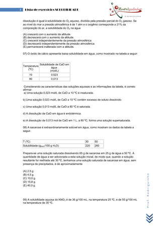 Prof.Rodriguinho
3 Lista de exercícios SOLUBILIDADE
dissolução é igual à solubilidade do O2 aquoso, dividida pela pressão parcial do O2 gasoso. Se
ao nível do mar a pressão atmosférica é de 1 atm e o oxigênio corresponde a 21% da
composição do ar, a solubilidade do O2 na água
(A) crescerá com o aumento da altitude.
(B) decrescerá com o aumento da altitude.
(C) crescerá independentemente da pressão atmosférica.
(D) decrescerá independentemente da pressão atmosférica.
(E) permanecerá inalterada com a altitude.
07) O óxido de cálcio apresenta baixa solubilidade em água, como mostrado na tabela a seguir:
Temperatura
(ºC)
Solubilidade de CaO em
água
(mol/L)
10 0,023
80 0,013
Considerando as características das soluções aquosas e as informações da tabela, é correto
afirmar:
a) Uma solução 0,023 mol/L de CaO a 10 ºC é insaturada.
b) Uma solução 0,023 mol/L de CaO a 10 ºC contém excesso de soluto dissolvido.
c) Uma solução 0,013 mol/L de CaO a 80 ºC é saturada.
d) A dissolução de CaO em água é endotérmica.
e) A dissolução de 0,013 mol de CaO em 1 L, a 80 ºC, forma uma solução supersaturada.
08) A sacarose é extraordinariamente solúvel em água, como mostram os dados da tabela a
seguir.
T (ºC) 30 50
Solubilidade (gSAC/100 g H2O) 220 260
Prepara-se uma solução saturada dissolvendo 65 g de sacarose em 25 g de água a 50 ºC. A
quantidade de água a ser adicionada a esta solução inicial, de modo que, quando a solução
resultante for resfriada até 30 ºC, tenhamos uma solução saturada de sacarose em água, sem
presença de precipitados, é de aproximadamente
(A) 2,5 g.
(B) 4,5 g.
(C) 10,0 g.
(D) 15,8 g.
(E) 40,0 g.
09) A solubilidade aquosa do KNO3 é de 36 g/100 mL, na temperatura 25 ºC, e de 55 g/100 mL
na temperatura de 35 ºC.
 